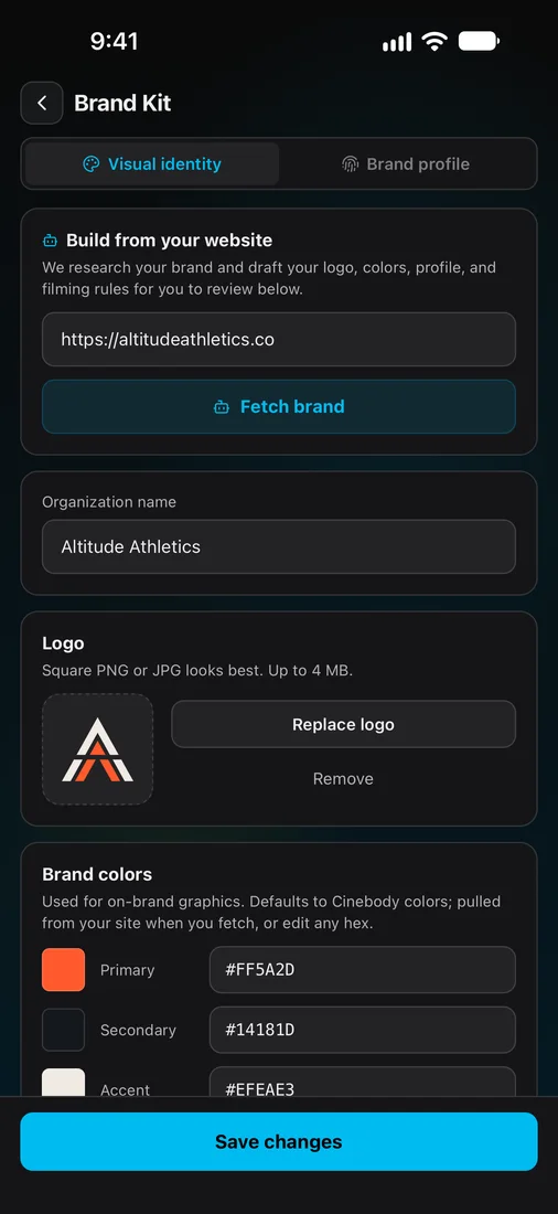 Brand Kit in the Cinebody app