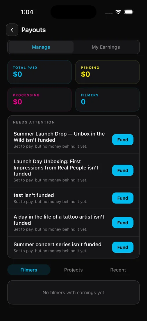 A filmer's earnings in the app: connect Stripe once, cash out anytime