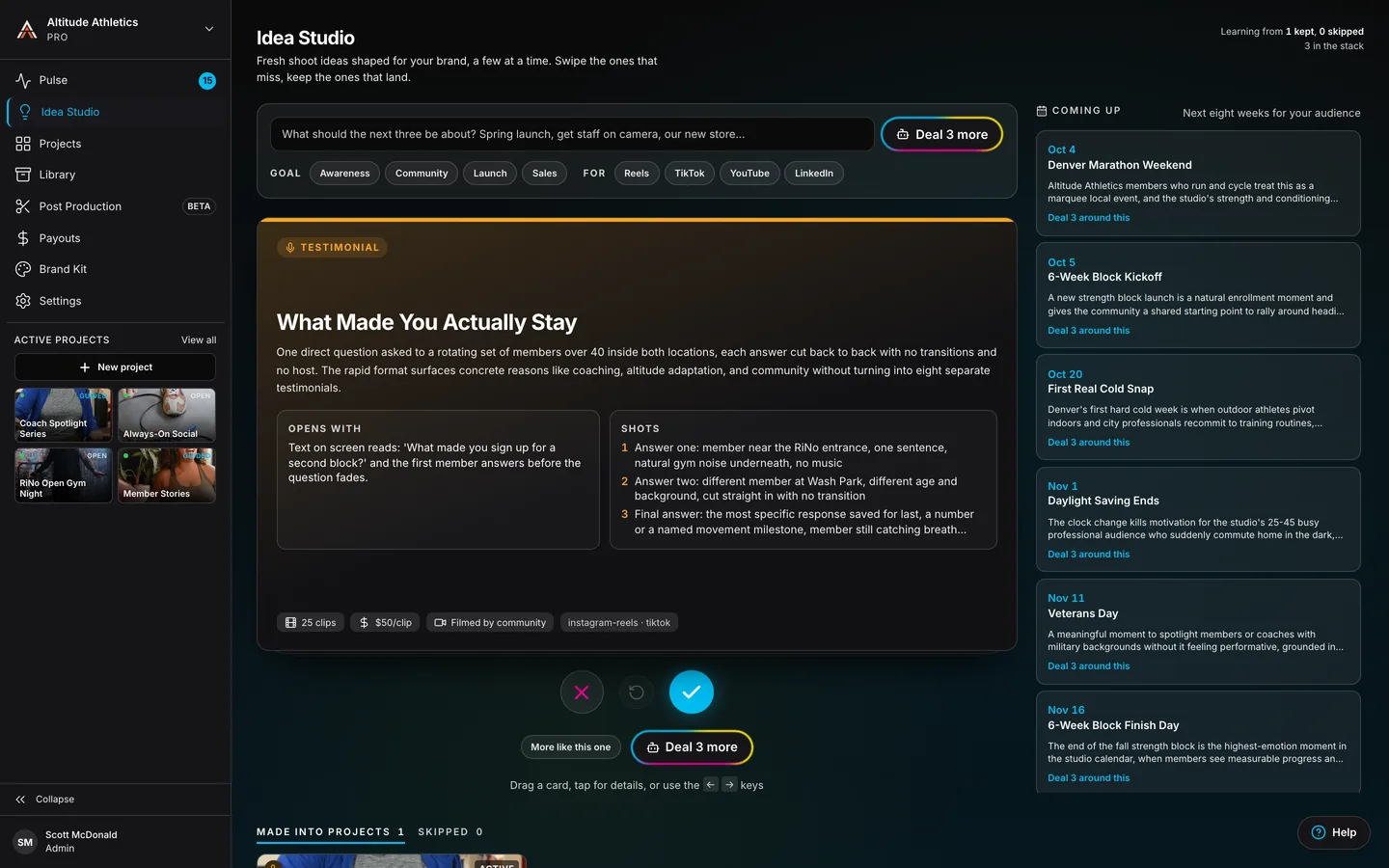Idea Studio: a dealt shoot idea, ready to keep or skip