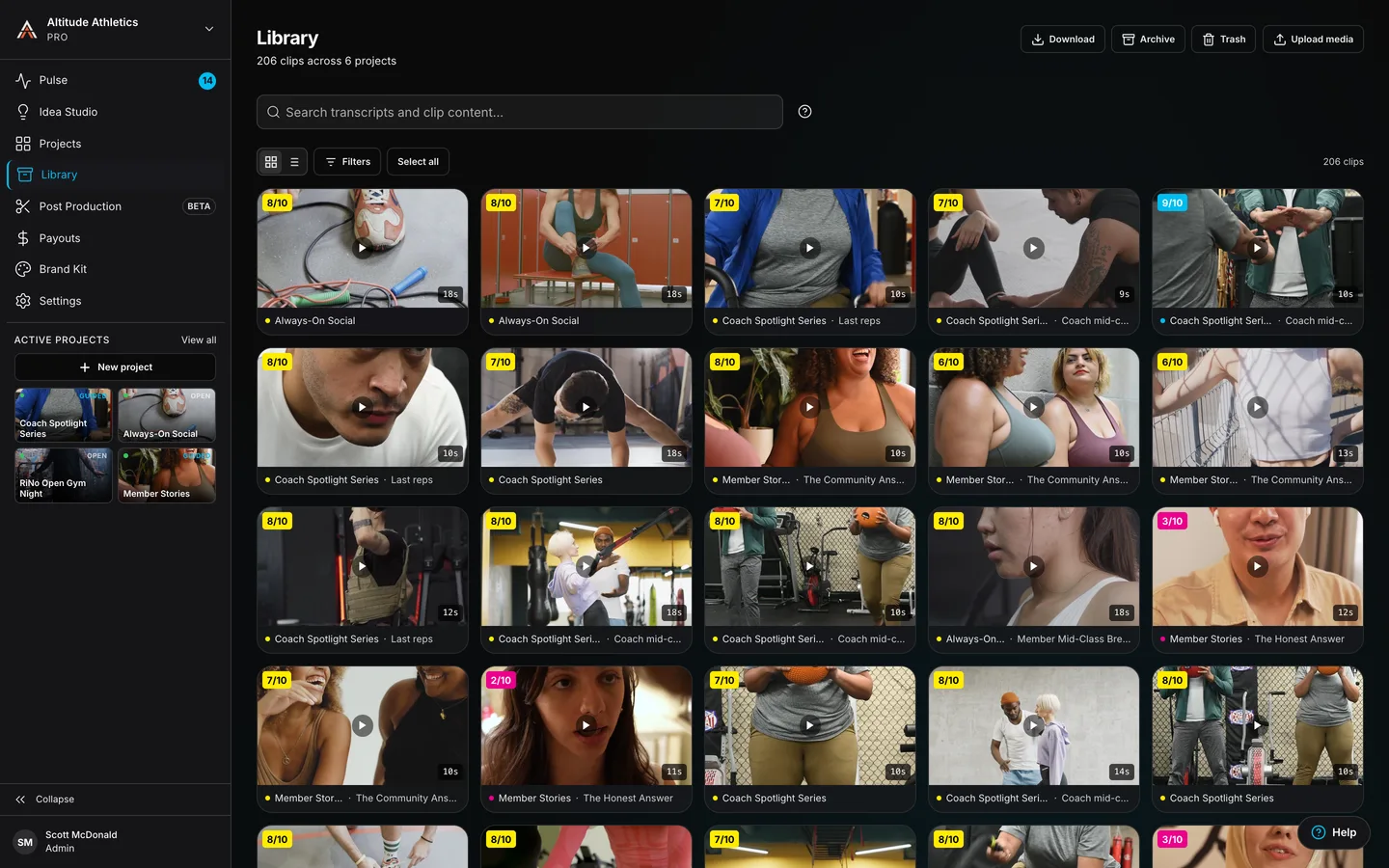 The library: every clip scored on arrival