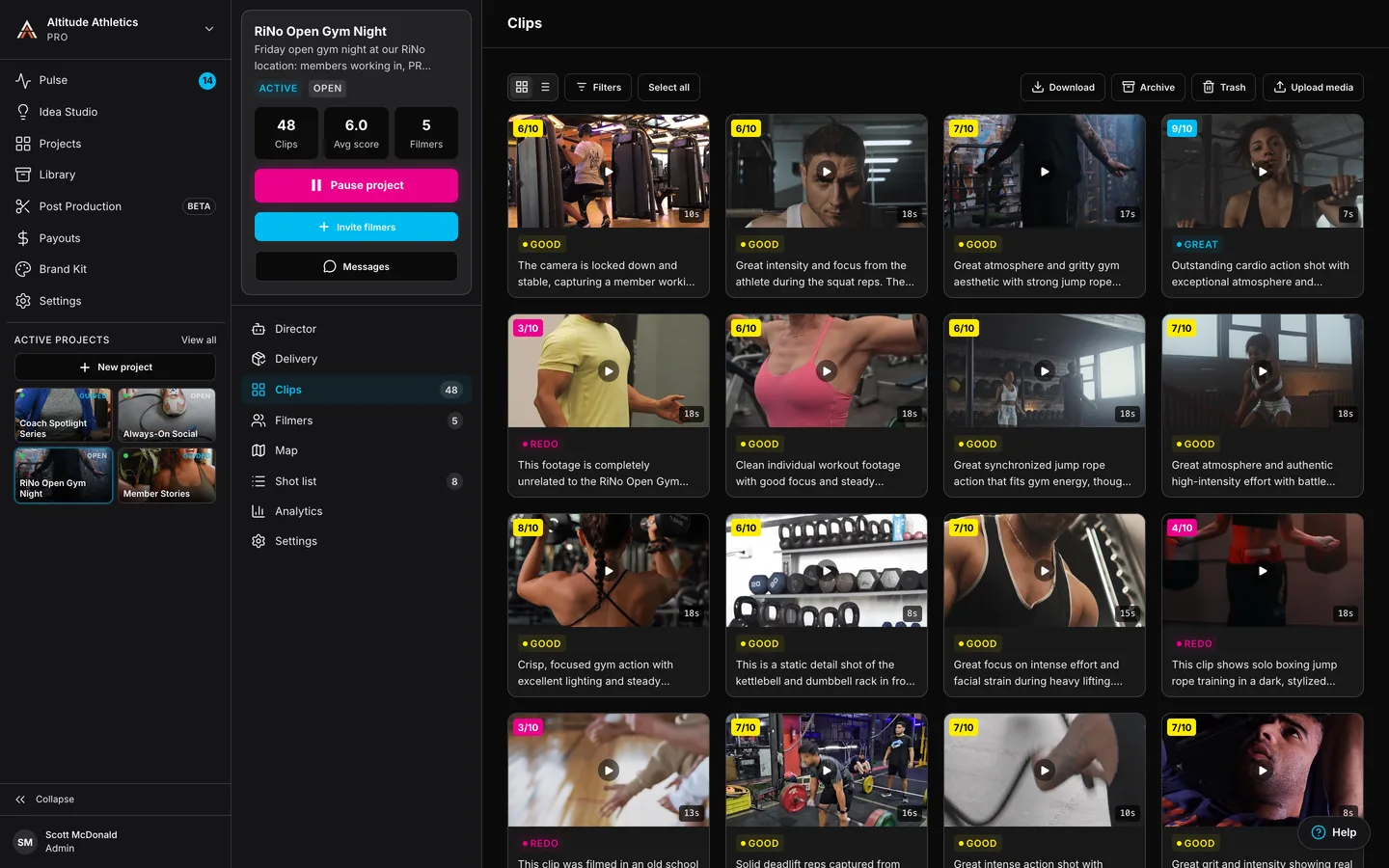 The shoot dashboard on the web