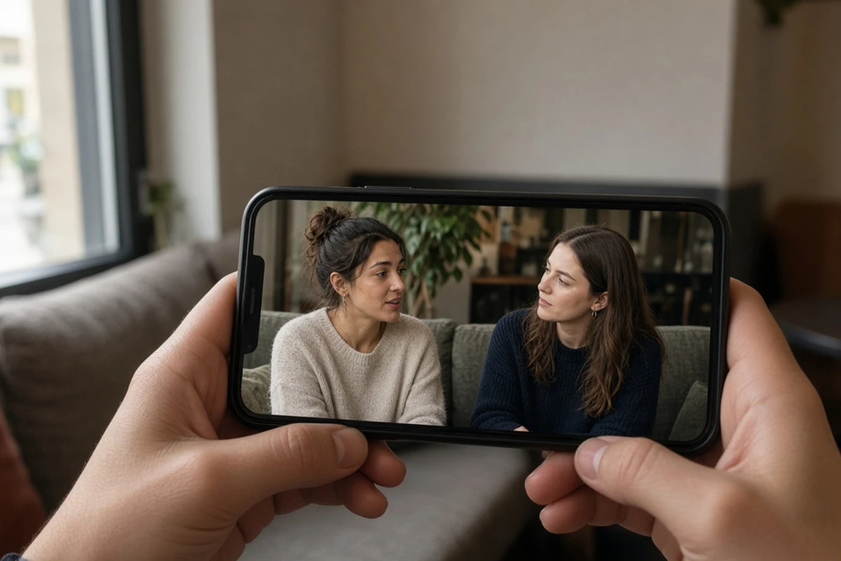 Filming a cafe conversation interview on a phone