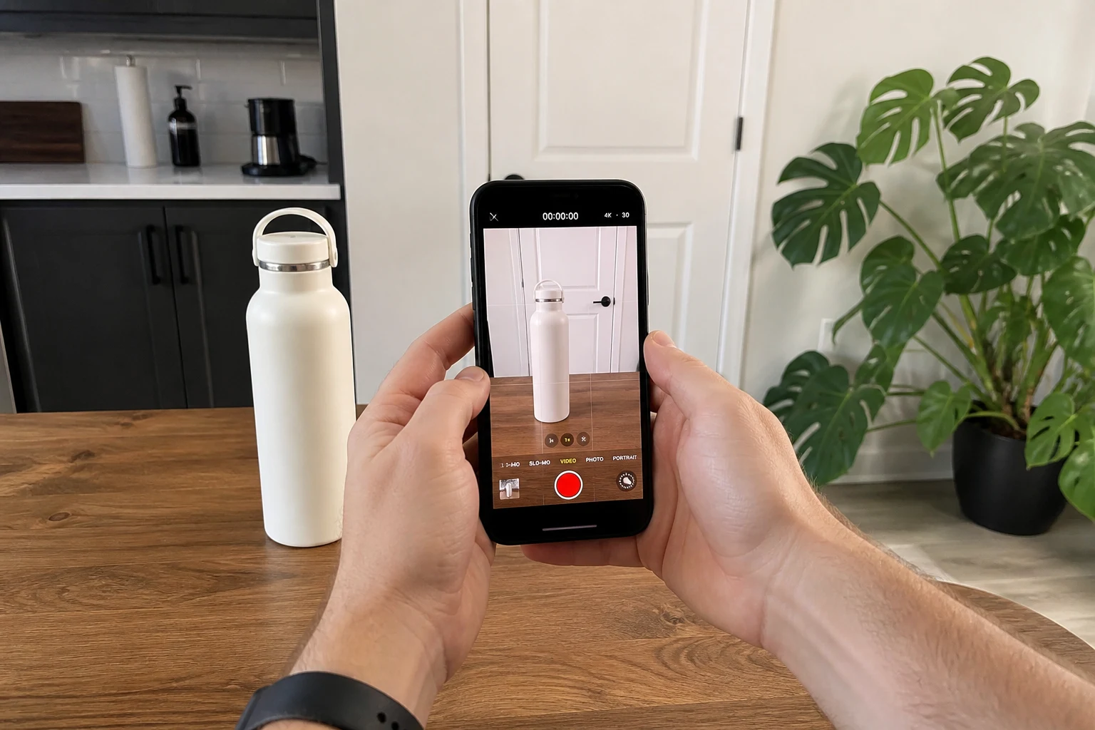 A smartphone capturing a product shot on a phone.